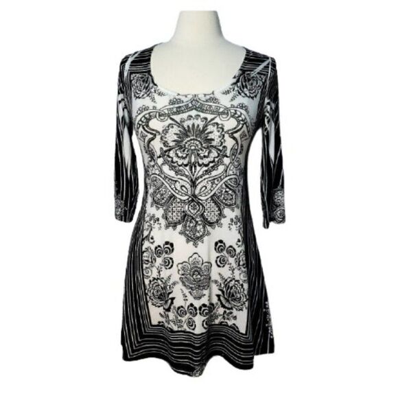 Women Black and White Long Sleeve Silk Midi Stretch Dress Medium - Picture 1 of 7